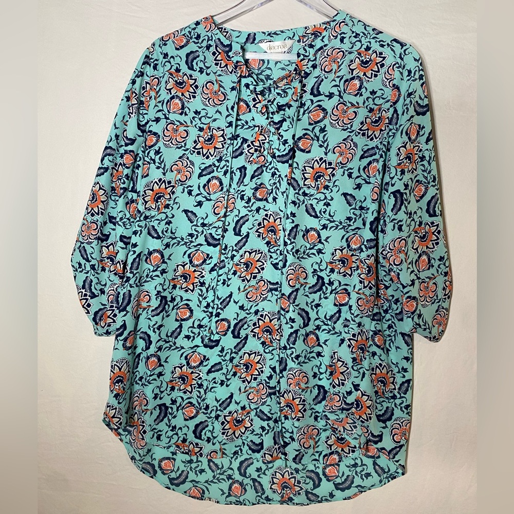 Decree Blue and Orange Floral Blouse Flowy Lightweight